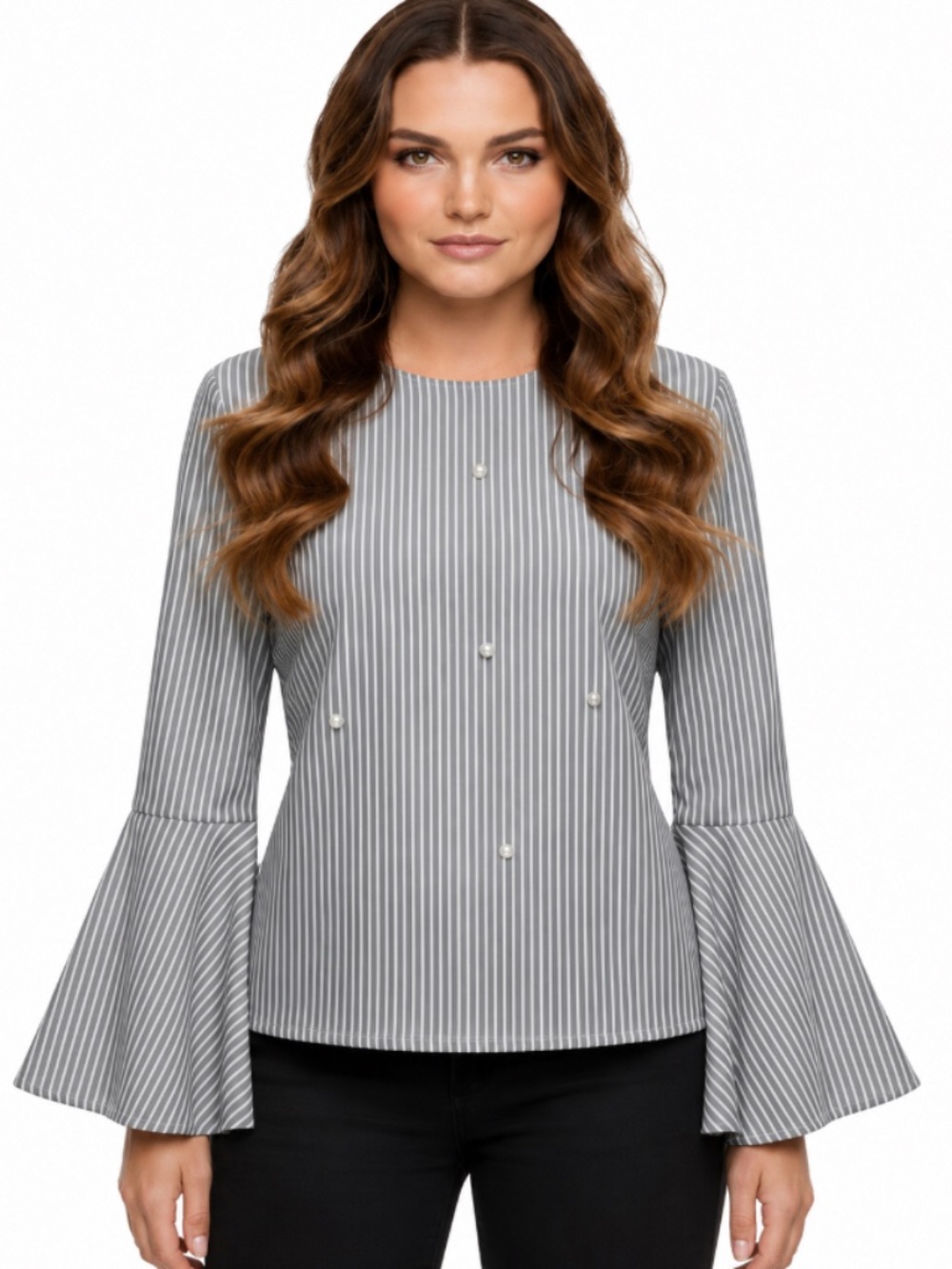 Time and Tru Women's Striped Bell Sleeve Blouse with Pearl Accents Blue